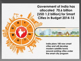 Government of India has
allocated 70.6 billion
(USD 1.2 billion) for Smart
Cities in Budget 2014-15
India plans 100 new smart
cities and will develop
modern satellite towns
around existing cities under
the smart city program
 