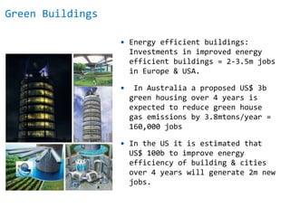 Green Buildings
 Energy efficient buildings:
Investments in improved energy
efficient buildings = 2-3.5m jobs
in Europe & USA.
 In Australia a proposed US$ 3b
green housing over 4 years is
expected to reduce green house
gas emissions by 3.8mtons/year =
160,000 jobs
 In the US it is estimated that
US$ 100b to improve energy
efficiency of building & cities
over 4 years will generate 2m new
jobs.
 