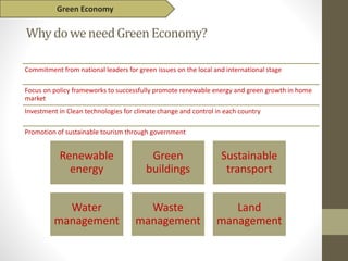 WhydoweneedGreenEconomy?
Renewable
energy
Green
buildings
Sustainable
transport
Water
management
Waste
management
Land
management
Commitment from national leaders for green issues on the local and international stage
Focus on policy frameworks to successfully promote renewable energy and green growth in home
market
Investment in Clean technologies for climate change and control in each country
Promotion of sustainable tourism through government
Green Economy
 