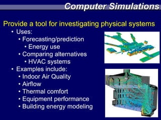 Computer Simulations
Provide a tool for investigating physical systems
  • Uses:
    • Forecasting/prediction
       • Energy use
    • Comparing alternatives
       • HVAC systems
  • Examples include:
    • Indoor Air Quality
    • Airflow
    • Thermal comfort
    • Equipment performance
    • Building energy modeling
 