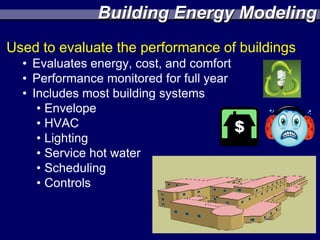Building Energy Modeling
Used to evaluate the performance of buildings
  • Evaluates energy, cost, and comfort
  • Performance monitored for full year
  • Includes most building systems
     • Envelope
     • HVAC
     • Lighting
     • Service hot water
     • Scheduling
     • Controls
 