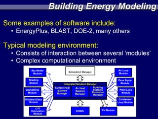 Building Energy Modeling
Some examples of software include:
  • EnergyPlus, BLAST, DOE-2, many others

Typical modeling environment:
  • Consists of interaction between several ‘modules’
  • Complex computational environment
 