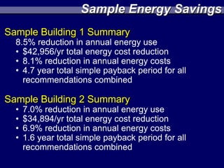 Sample Energy Savings
Sample Building 1 Summary
  8.5% reduction in annual energy use
  • $42,956/yr total energy cost reduction
  • 8.1% reduction in annual energy costs
  • 4.7 year total simple payback period for all
    recommendations combined

Sample Building 2 Summary
  •   7.0% reduction in annual energy use
  •   $34,894/yr total energy cost reduction
  •   6.9% reduction in annual energy costs
  •   1.6 year total simple payback period for all
      recommendations combined
 