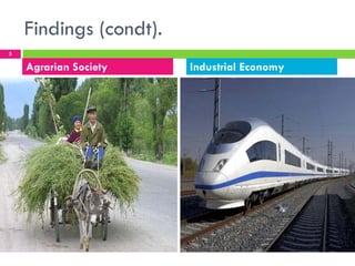 Findings (condt).
5

    Agrarian Society    Industrial Economy
 