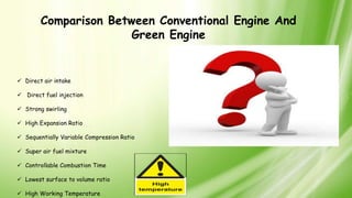 Comparison Between Conventional Engine And
Green Engine
 Direct air intake
 Direct fuel injection
 Strong swirling
 High Expansion Ratio
 Sequentially Variable Compression Ratio
 Super air fuel mixture
 Controllable Combustion Time
 Lowest surface to volume ratio
 High Working Temperature
 