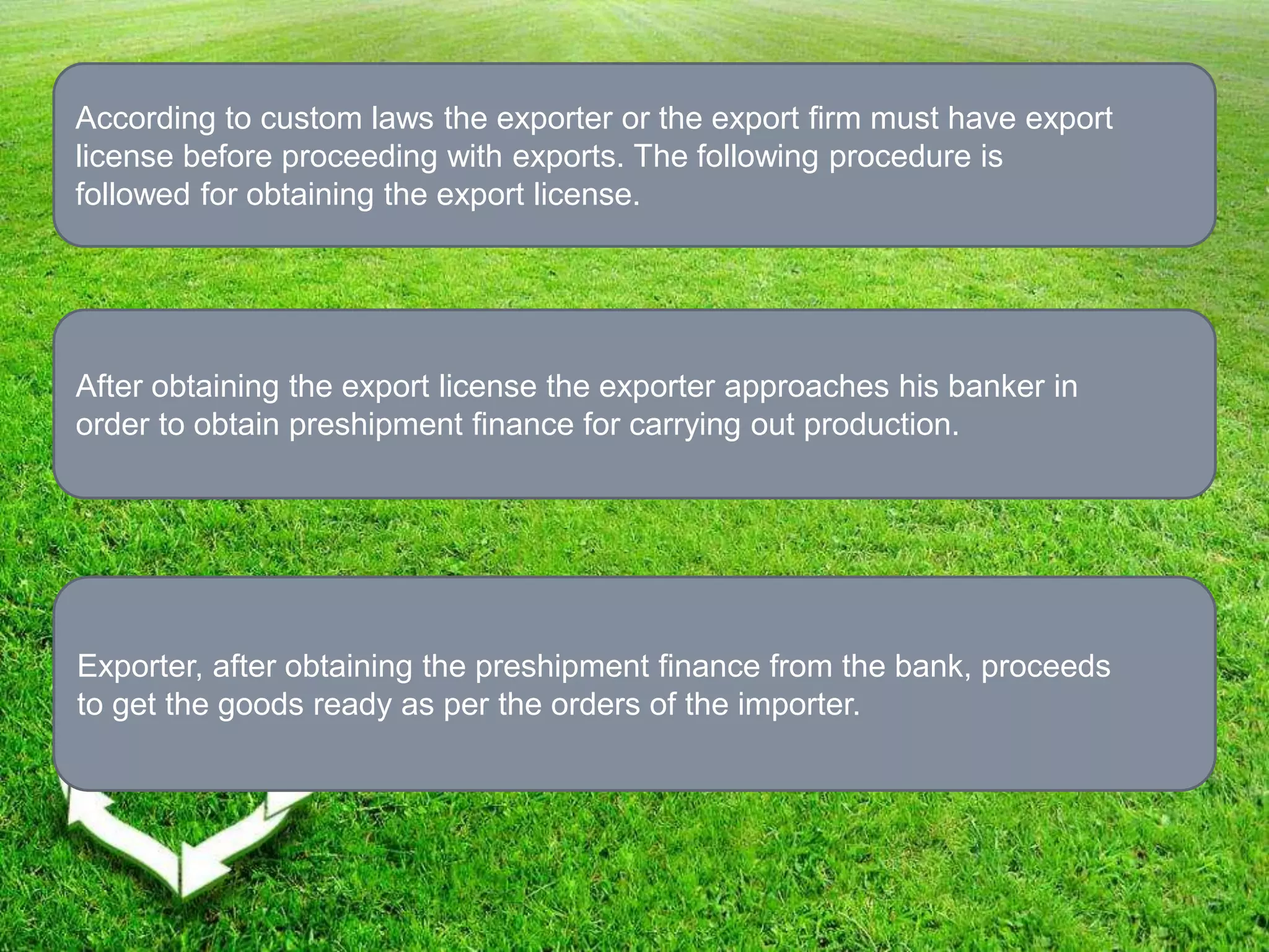 According to custom laws the exporter or the export firm must have export
license before proceeding with exports. The following procedure is
followed for obtaining the export license.
After obtaining the export license the exporter approaches his banker in
order to obtain preshipment finance for carrying out production.
Exporter, after obtaining the preshipment finance from the bank, proceeds
to get the goods ready as per the orders of the importer.
 