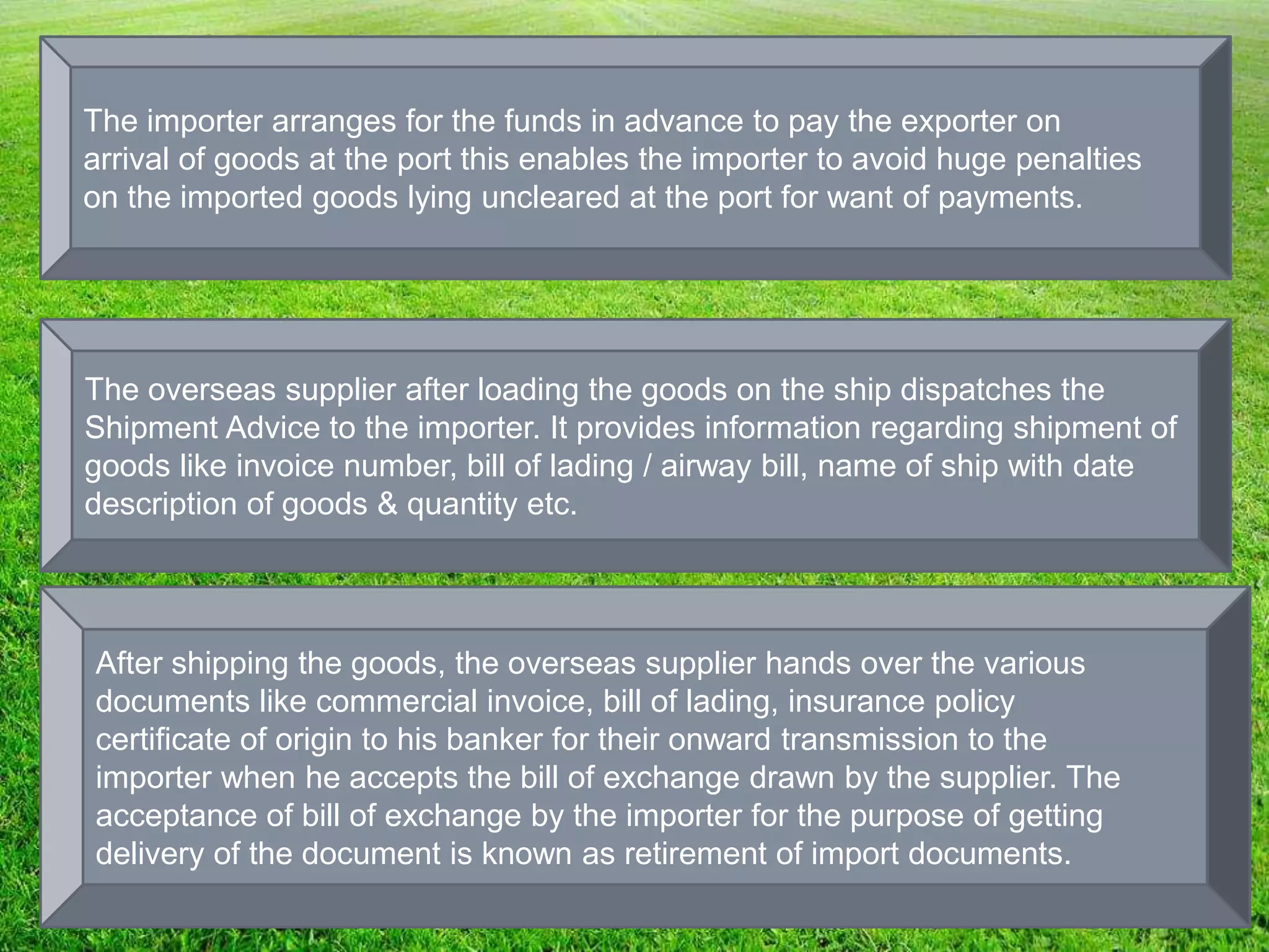 The importer arranges for the funds in advance to pay the exporter on
arrival of goods at the port this enables the importer to avoid huge penalties
on the imported goods lying uncleared at the port for want of payments.
The overseas supplier after loading the goods on the ship dispatches the
Shipment Advice to the importer. It provides information regarding shipment of
goods like invoice number, bill of lading / airway bill, name of ship with date
description of goods & quantity etc.
After shipping the goods, the overseas supplier hands over the various
documents like commercial invoice, bill of lading, insurance policy
certificate of origin to his banker for their onward transmission to the
importer when he accepts the bill of exchange drawn by the supplier. The
acceptance of bill of exchange by the importer for the purpose of getting
delivery of the document is known as retirement of import documents.
 
