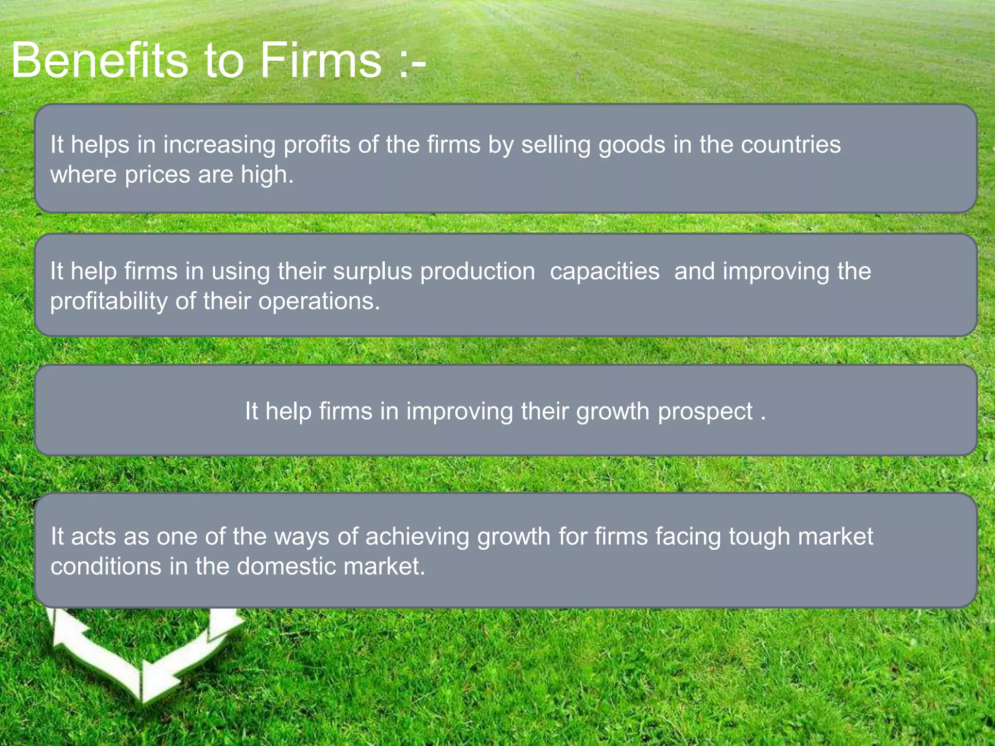 Benefits to Firms :-
It helps in increasing profits of the firms by selling goods in the countries
where prices are high.
It help firms in using their surplus production capacities and improving the
profitability of their operations.
It help firms in improving their growth prospect .
It acts as one of the ways of achieving growth for firms facing tough market
conditions in the domestic market.
 