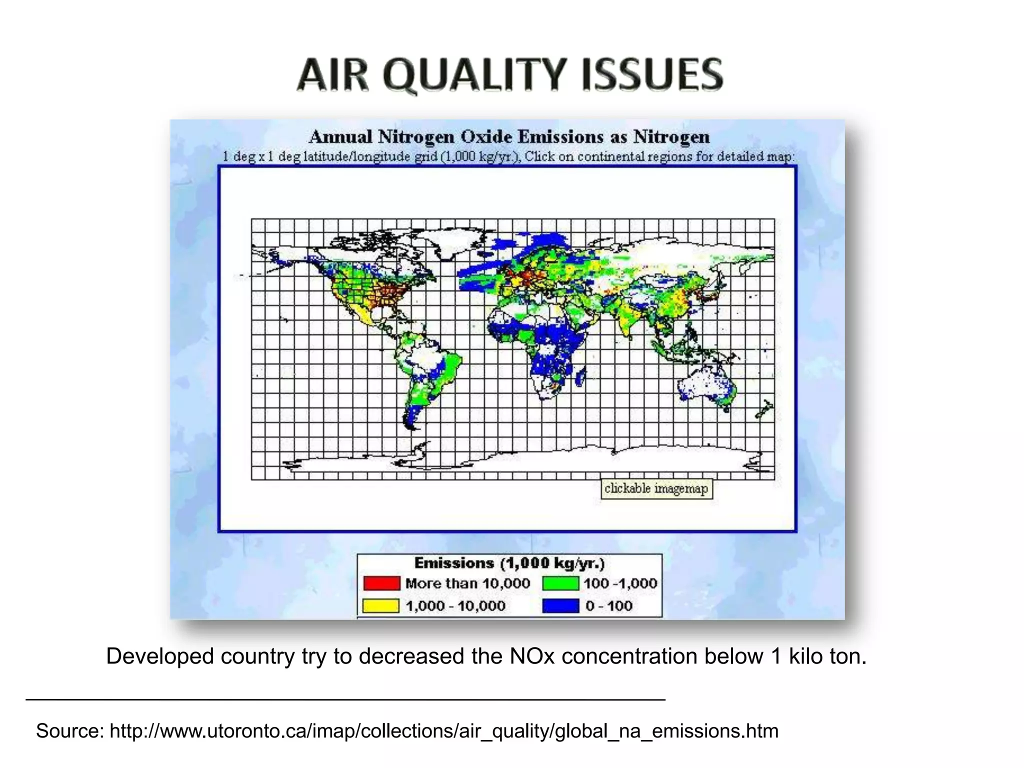 Developed country try to decreased the NOx concentration below 1 kilo ton.


Source: http://www.utoronto.ca/imap/collections/air_quality/global_na_emissions.htm
 