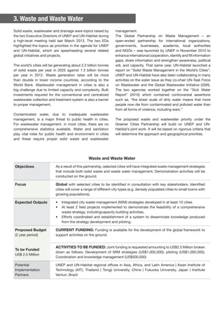 Solid waste, wastewater and drainage were topics raised by the two Executive Directors of UNEP and UN-Habitat during a high-level meeting held last March 2013. The two EDs highlighted the topics as priorities in the agenda for UNEP and UN-Habitat, which are spearheading several related global initiatives and projects. 
The world’s cities will be generating about 2.2 billion tonnes of solid waste per year in 2025 against 1.3 billion tonnes per year in 2012. Waste generation rates will be more than double in lower income countries, according to the World Bank. Wastewater management in cities is also a big challenge due to limited capacity and complexity. Bulk investments required for the conventional and centralized wastewater collection and treatment system is also a barrier to proper management. 
Contaminated water, due to inadequate wastewater management, is a major threat to public health in cities. For wastewater management, in most cities, there are no comprehensive statistics available. Water and sanitation play vital roles for public health and environment in cities and these require proper solid waste and wastewater 
Waste and Waste Water 
Objectives 
As a result of this partnership, selected cities will have integrated waste management strategies that include both solid waste and waste water management. Demonstration activities will be conducted on the ground. 
Focus 
Global with selected cities to be identified in consultation with key stakeholders. Identified cities will cover a range of different city types (e.g. densely populated cities to small towns with growing populations). 
Expected Outputs 
• Integrated city waste management (IWM) strategies developed in at least 10 cities 
• At least 2 field projects implemented to demonstrate the feasibility of a comprehensive waste strategy, includingcapacity building activities. 
• Efforts coordinated and establishment of a system to disseminate knowledge produced from the strategy development and piloting. 
Proposed Budget 
(2 year period) 
To be Funded 
US$ 2.5 Million 
CURRENT FUNDING: Funding is available for the development of the global framework to support activities on the ground. 
ACTIVITIES TO BE FUNDED: Joint funding is requested amounting to US$2.5 Million broken down as follows: Development of IWM strategies (US$1,000,000); piloting (US$1,000,000); Coordination and knowledge management (US$500,000) 
Potential 
Implementation Partners 
UNEP and UN-Habitat regional offices in Asia, Africa, and Latin America | Asian Institute of Technology (AIT), Thailand | Tongji University, China | Fukuoka University, Japan | Institute Venturi, Brazil 
3. Waste and Waste Watermanagement. 
The Global Partnership on Waste Management – an open-ended partnership for international organizations, governments, businesses, academia, local authorities and NGOs – was launched by UNEP in November 2010 to enhance international cooperation, identify and fill information gaps, share information and strengthen awareness, political will, and capacity. That same year, UN-Habitat launched a report on “Solid Waste Management in the World’s Cities”. UNEP and UN-Habitat have also been collaborating in many activities on the water issue as they co-chair UN-Task Force on Wastewater and the Global Wastewater Initiative (GWI). The two agencies worked together on the “Sick Water Report” (2010) which contained controversial assertions such as, “the sheer scale of dirty water means that more people now die from contaminated and polluted water than from all forms of violence, including wars.” 
The proposed waste and wastewater priority under the Greener Cities Partnership will build on UNEP and UN- Habitat’s joint work. It will be based on rigorous criteria that will determine the approach and geographical priorities.  