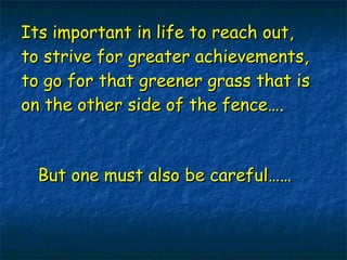 Its important in life to reach out, to strive for greater achievements, to go for that greener grass that is on the other side of the fence…. But one must also be careful…… 