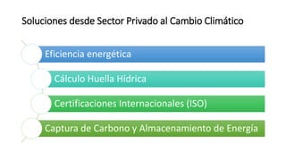 Soluciones desde Sector Privado al Cambio Climático
Eficiencia energética
Cálculo Huella Hídrica
Certificaciones Internacionales (ISO)
Captura de Carbono y Almacenamiento de Energía
 