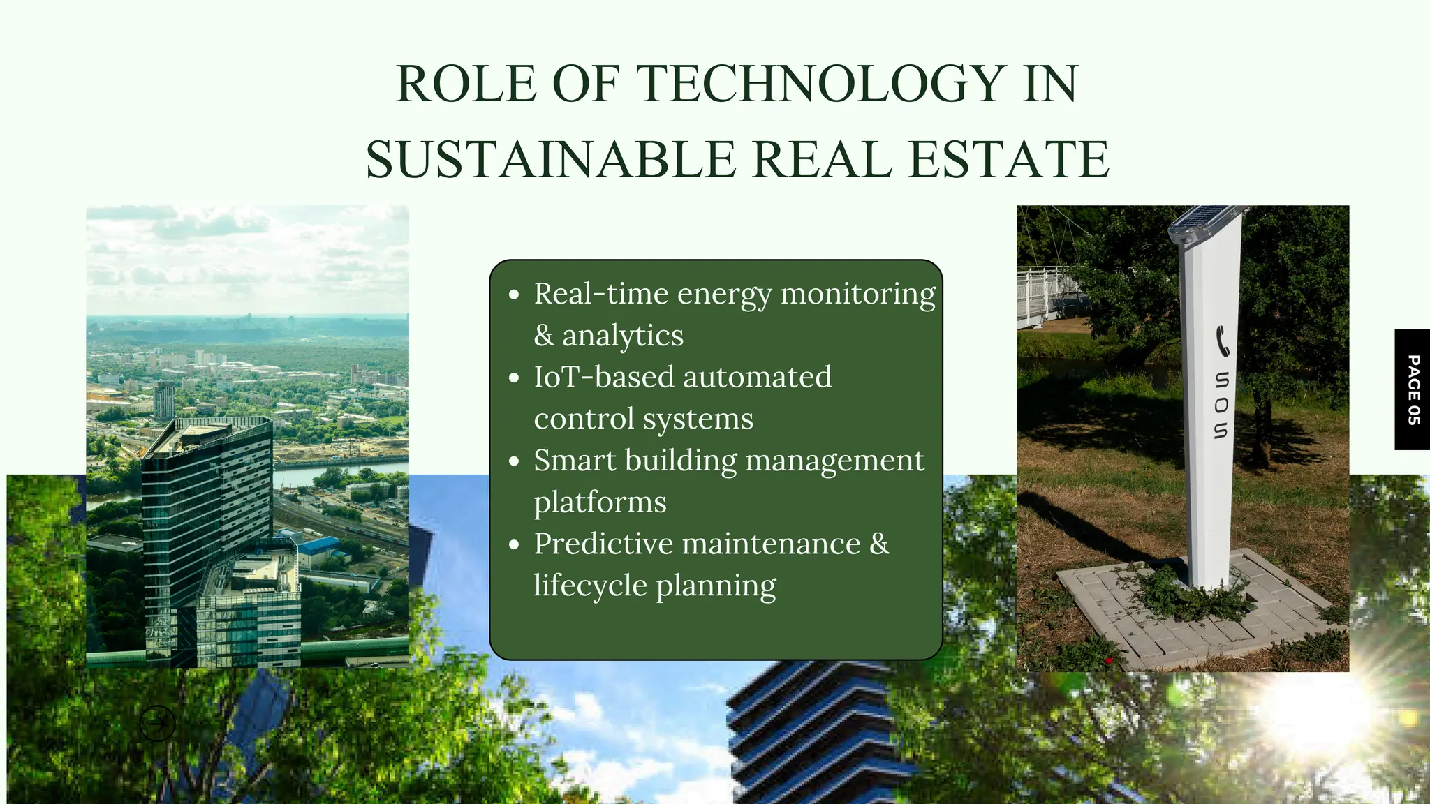 PAGE
05
ROLE OF TECHNOLOGY IN
SUSTAINABLE REAL ESTATE
Real-time energy monitoring
& analytics
IoT-based automated
control systems
Smart building management
platforms
Predictive maintenance &
lifecycle planning
 