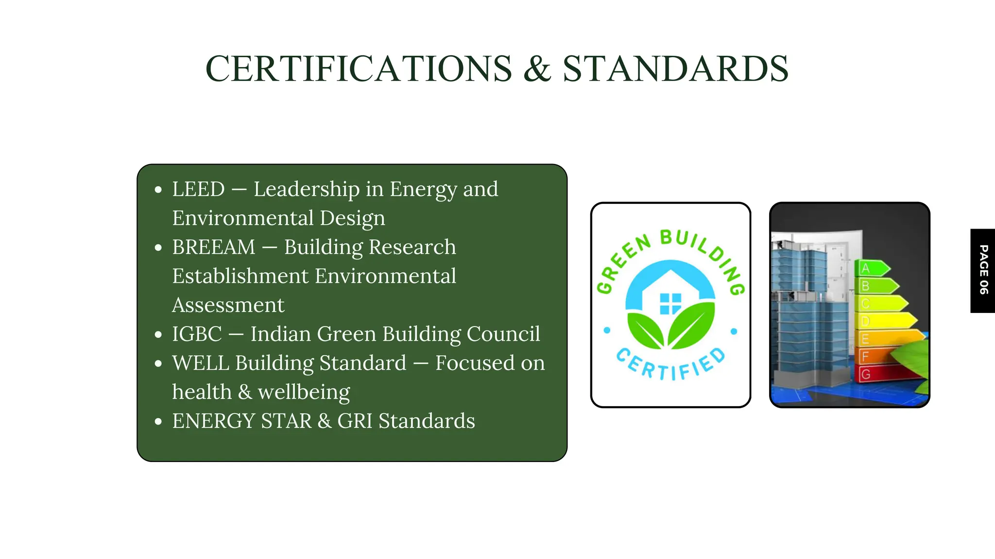 PAGE
06
CERTIFICATIONS & STANDARDS
LEED — Leadership in Energy and
Environmental Design
BREEAM — Building Research
Establishment Environmental
Assessment
IGBC — Indian Green Building Council
WELL Building Standard — Focused on
health & wellbeing
ENERGY STAR & GRI Standards
 