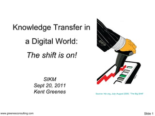 www.greenesconsulting.com  SIKM Sept 20, 2011 Kent Greenes Slide  Source: hbr.org, July–August 2009, “The Big Shift” Knowledge Transfer in a Digital World: The shift is on! 