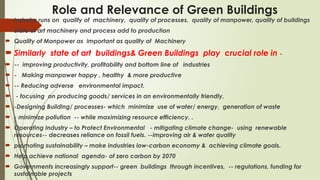 Role and Relevance of Green Buildings
 Industry runs on quality of machinery, quality of processes, quality of manpower, quality of buildings
 State of art machinery and process add to production
 Quality of Manpower as important as quality of Machinery
 Similarly state of art buildings& Green Buildings play crucial role in -
 -- improving productivity, profitability and bottom line of industries
 - Making manpower happy , healthy & more productive
 -- Reducing adverse environmental impact.
 - focusing on producing goods/ services in an environmentally friendly,
 -Designing Building/ processes- which minimize use of water/ energy, generation of waste
 - minimize pollution -- while maximizing resource efficiency. .
 Operating Industry – to Protect Environmental - mitigating climate change- using renewable
resources-- decreases reliance on fossil fuels. --improving air & water quality
 promoting sustainability – make industries low-carbon economy & achieving climate goals.
 Help achieve national agenda- of zero carbon by 2070
 Governments increasingly support-- green buildings through incentives, -- regulations, funding for
sustainable projects
 