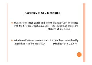 ¢ Studies with beef cattle and sheep indicate CH4 estimated
with the SF6 tracer technique is 5 -10% lower than chambers.
(McGinn et al., 2006)
¢ Within-and between-animal variation has been considerably
larger than chamber technique. (Grainger et al., 2007)
Accuracy of SF6 Technique
 