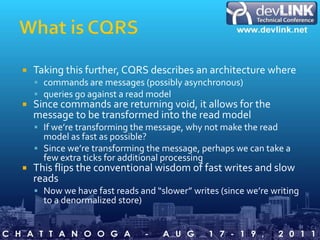 What is CQRSRecipe of CQRSHealthy serving of CQSEqual parts DDDSome denormalization for seasoningAdd Event Sourcing to TasteOptionally Add Dash of NoSQLOptionally A Pinch of Cloud