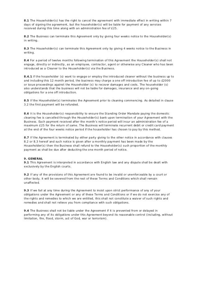 Greenfield domestic cleaning terms and conditions