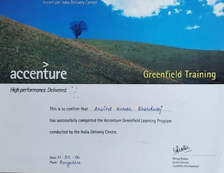 Green field training certificate from Accenture
