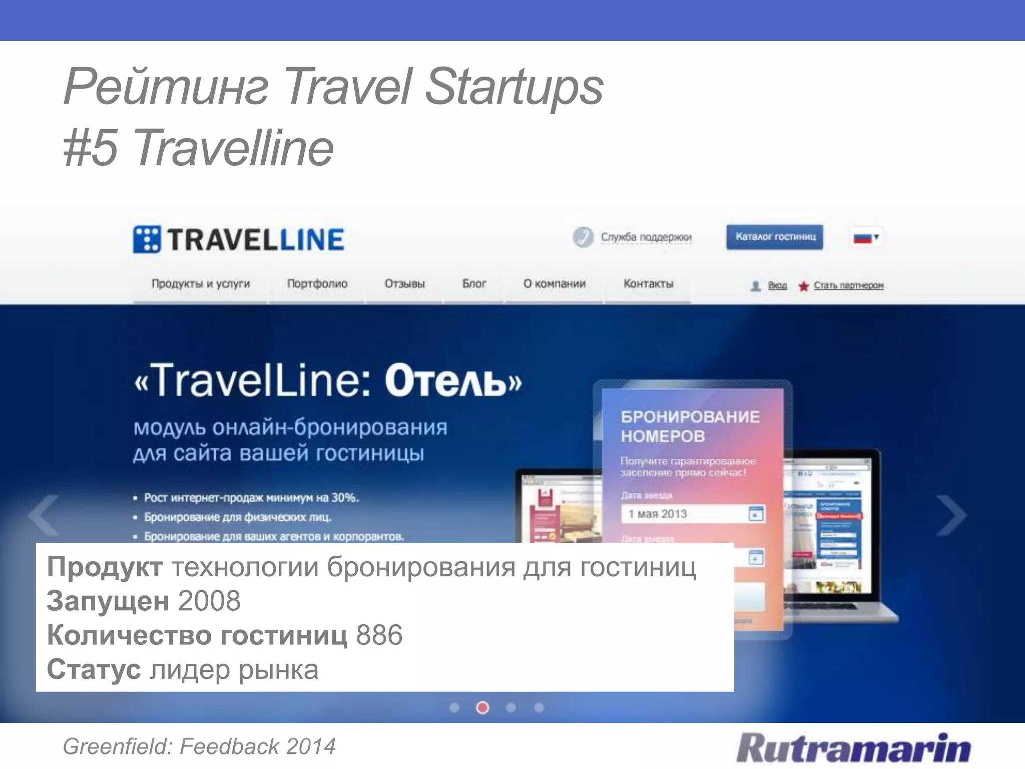 Рейтинг Travel Startups
#5 Travelline

Продукт технологии бронирования для гостиниц
Запущен 2008
Количество гостиниц 886
Статус лидер рынка
Greenfield: Feedback 2014

 