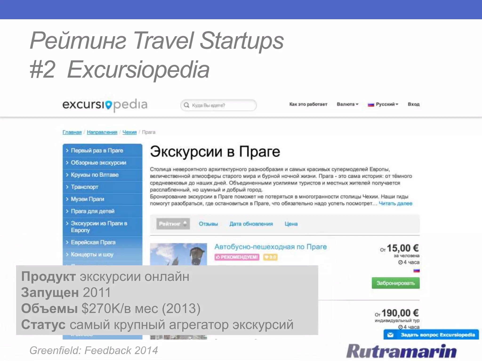 Рейтинг Travel Startups
#2 Excursiopedia

Продукт экскурсии онлайн
Запущен 2011
Объемы $270K/в мес (2013)
Статус самый крупный агрегатор экскурсий
Greenfield: Feedback 2014

 