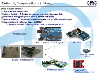 Σχεδιασμός Συστήματος Παρακολούθησης
Data Concentrator
unique σε κάθε θερμοκήπιο
gateway λαμβάνει δεδομένα από sensor end-nodes (receives data)
δυνατότητα λήψης δεδομένων από 10 sensor end-nodes
μέσω GPRS στέλνει δεδομένα σε remote server στο ΤΕΠΑΚ (transmits data)
τροφοδοσία από το δίκτυο παροχής (240V)
 Αποφυγή απώλειας δεδομένων, GPRS απαιτεί περισσότερη ενέργεια

Αποτελείται από:

Arduino UNO microcontroller platform

Xbee shield

XBee PRO module
Gateway
Developed Interface board

GPRS Shield modems

DeadOn RTC

17

Time stamp on measurements

 