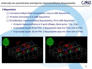 Ανάπτυξη και εγκατάσταση συστήματος παρακολούθησης θερμοκρασίας
2 Θερμοκήπια
 2 κεντρικοί σταθμοί (Data Concentrator), ένας σε κάθε θερμοκήπιο
 16 sensor end-nodes, 8 σε κάθε θερμοκήπιο
 50 αισθητήρες παρακολούθησης θερμοκρασίας, 25 σε κάθε θερμοκήπιο
• 8 σημεία παρακολούθησης σε 2 φυτά (έδαφος, βάση φυτού, 1.5μ, 3.5μ)
• 9 εσωτερικά σημεία (6 στο Film, 3 θερμοκρασία αέρα στα 10cm από το Film)
• 8 εξωτερικά σημεία (6 στο Film, 2 θερμοκρασία αέρα στα 10cm από το Film)

19

 
