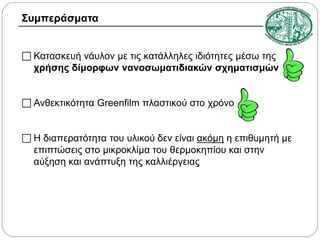 Συμπεράσματα
 Κατασκευή νάυλον με τις κατάλληλες ιδιότητες μέσω της
χρήσης δίμορφων νανοσωματιδιακών σχηματισμών
 Ανθεκτικότητα Greenfilm πλαστικού στο χρόνο
 Η διαπερατότητα του υλικού δεν είναι ακόμη η επιθυμητή με
επιπτώσεις στο μικροκλίμα του θερμοκηπίου και στην
αύξηση και ανάπτυξη της καλλιέργειας

 