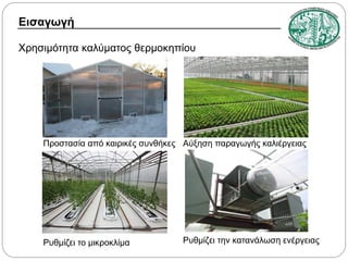 Εισαγωγή
Χρησιμότητα καλύματος θερμοκηπίου

Προστασία από καιρικές συνθήκες Αύξηση παραγωγής καλιέργειας

Ρυθμίζει το μικροκλίμα

Ρυθμίζει την κατανάλωση ενέργειας

 