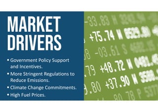  Government Policy Support
and Incentives.
 More Stringent Regulations to
Reduce Emissions.
 Climate Change Commitments.
 High Fuel Prices.
 