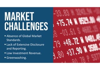  Absence of Global Market
Standards.
 Lack of Extensive Disclosure
and Reporting.
 Low Investment Revenue.
 Greenwashing.
 