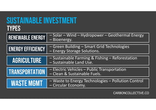 Renewable energy
– Solar – Wind – Hydropower – Geothermal Energy
– Bioenergy.
– Green Building – Smart Grid Technologies
– Energy Storage Solutions.
Energy Efficiency
– Sustainable Farming & Fishing – Reforestation
– Sustainable Land Use.
Agriculture
– Electric Vehicles – Public Transportation
– Clean & Sustainable Fuels.
Transportation
– Waste to Energy Technologies – Pollution Control
– Circular Economy.
wasteMgmt
Sustainable Investment
types
CARBONCOLLECTIVE.CO
 