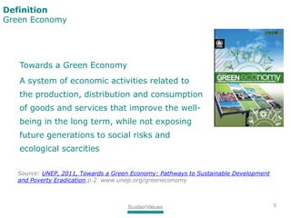 Definition
Green Economy
Towards a Green Economy
A system of economic activities related to
the production, distribution a...