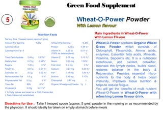 5
Directions for Use : Take 1 heaped spoon (approx. 5 gms) powder in the morning or as recommended by
the physician. It should ideally be taken on empty stomach before meals
Main Ingredients in Wheat-O-Power
With Lemon Flavour
Green Food Supplement
Wheat-O-Power contains Organic Wheat
Grass Powder which consists of
Chlorophyll, Flavonoids, Amino acids,
enzymes, Essential fatty acids, Minerals,
Vitamins, Saponins etc. It is a nutritional
storehouse, anti oxidant, detoxifier,
cleanses the lymph nodes, builds blood,
restores balance in the body &
Rejuvenator. Provides essential micro-
nutrients to the body & helps boost
immunity, Improves tissue nutrition &
helps to reduce fatigue.
You will get the benefits of multi nutrient
Wheat-O-Power in Wheat-O-Power with
refreshing Lemon flavour drink.
Nutrition Facts
Serving Size 1 heaped spoon (approx 5 gms)
Amount Per Serving % DV Amount Per Serving % DV
Calories 0 kcal Protein 0.23 g 0.48 %*
Calories from Fat 0 Vitamin A 0.25 IU 0.01 %*
(100% as betacarotene) †
Total Carbohydrate 2.48 g 0.83%* Vitamin C 0.06 mg 0.10 %*
Dietary fiber 0.23 g 0.94%* Niacin 0.20 mg 1.00%*
Sugars 1.35 g 0 %* Folic Acid 0.0 mg 0 %*
Total Fat 0.01 g 0.01 %* Calcium 3.27 mg 0.33 %*
Saturated fat 0.0 g 0.02 %* Iron 0.16 mg 0.90 %*
Monosaturated Fat 0.0 g 0 %* Sodium 2.96 mg 0.12%
Polysaturated Fat 0.0 g 0 %* Chlorophyll 0.97 mg †
Trans fat BDL 0 %* Organic Wheatgrass Powder 1g †
Cholesterol 0.03g 0.01 %*
† % Daily Values are based on a 2000 Calorie diet.
† Daily Values not established
 