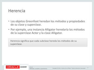 Copyright © 2015, Oracle y/o sus filiales. Todos los derechos reservados.
Herencia
• Los objetos Greenfoot heredan los métodos y propiedades
de su clase y superclase.
• Por ejemplo, una instancia Alligator heredaría los métodos
de la superclase Actor y la clase Alligator.
Herencia significa que cada subclase hereda los métodos de su
superclase.
JF 3-2
Métodos, variables y parámetros
6
 