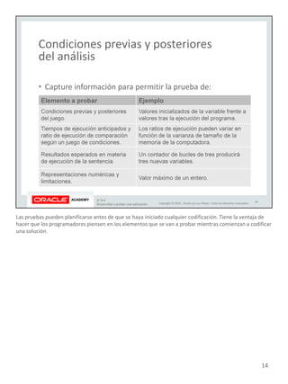 Las pruebas pueden planificarse antes de que se haya iniciado cualquier codificación. Tiene la ventaja de
hacer que los programadores piensen en los elementos que se van a probar mientras comienzan a codificar
una solución.
14
 