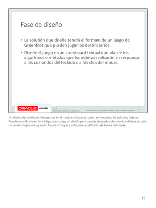 Un diseño óptimo le permite pensar en el modo en el que actuarán e interactuarán todos los objetos.
Resulta sencillo al escribir código que no siga un diseño para quedar atrapado solo con el problema actual y
no con la imagen más grande. Puede dar lugar a soluciones codificadas de forma deficiente.
15
 