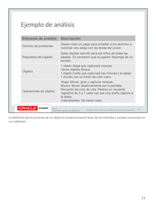 La definición de las acciones de un objeto le proporcionará la base de los métodos y campos necesarios en
sus subclases.
13
 