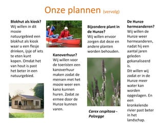 Onze plannen  (vervolg) Blokhut als kiosk? Wij willen in dit mooie natuurgebied een blokhut als kiosk waar u een flesje drinken, ijsje of iets te eten kunt kopen. Omdat het van hout is past het beter in een natuurgebied. Kanoverhuur? Wij willen voor de toeristen een kanoverhuur maken zodat de mensen met het mooie weer een kano kunnen huren. Zodat ze ermee door de Hunze kunnen varen. Bijzondere plant in de Hunze? Wij willen ervoor zorgen dat deze en andere planten worden behouden. De Hunze hermeanderen? Wij willen de Hunze weer hermeanderen, nadat hij een aantal jaren geleden gekanaliseerd is. Dit willen wij zodat er in de Hunze meer water kan worden opgeslagen. En een kronkelende rivier past beter in het landschap. Carex cespitosa - Polzegge 