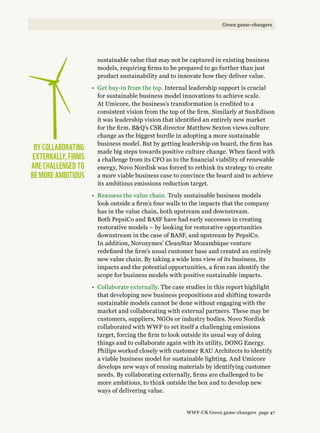 sustainable value that may not be captured in existing business
models, requiring firms to be prepared to go further than just
product sustainability and to innovate how they deliver value.
•	Get buy-in from the top. Internal leadership support is crucial
for sustainable business model innovations to achieve scale.
At Umicore, the business’s transformation is credited to a
consistent vision from the top of the firm. Similarly at SunEdison
it was leadership vision that identified an entirely new market
for the firm. BQ’s CSR director Matthew Sexton views culture
change as the biggest hurdle in adopting a more sustainable
business model. But by getting leadership on board, the firm has
made big steps towards positive culture change. When faced with
a challenge from its CFO as to the financial viability of renewable
energy, Novo Nordisk was forced to rethink its strategy to create
a more viable business case to convince the board and to achieve
its ambitious emissions reduction target.
•	Reassess the value chain. Truly sustainable business models
look outside a firm’s four walls to the impacts that the company
has in the value chain, both upstream and downstream.
Both PepsiCo and BASF have had early successes in creating
restorative models – by looking for restorative opportunities
downstream in the case of BASF, and upstream by PepsiCo.
In addition, Novozymes’ CleanStar Mozambique venture
redefined the firm’s usual customer base and created an entirely
new value chain. By taking a wide lens view of its business, its
impacts and the potential opportunities, a firm can identify the
scope for business models with positive sustainable impacts.
•	Collaborate externally. The case studies in this report highlight
that developing new business propositions and shifting towards
sustainable models cannot be done without engaging with the
market and collaborating with external partners. These may be
customers, suppliers, NGOs or industry bodies. Novo Nordisk
collaborated with WWF to set itself a challenging emissions
target, forcing the firm to look outside its usual way of doing
things and to collaborate again with its utility, Dong Energy.
Philips worked closely with customer Rau Architects to identify
a viable business model for sustainable lighting. And Umicore
develops new ways of reusing materials by identifying customer
needs. By collaborating externally, firms are challenged to be
more ambitious, to think outside the box and to develop new
ways of delivering value.
By collaborating 
externally, firms
are challenged to
be more ambitious
WWF-UK Green game-changers page 47
Green game-changers
 