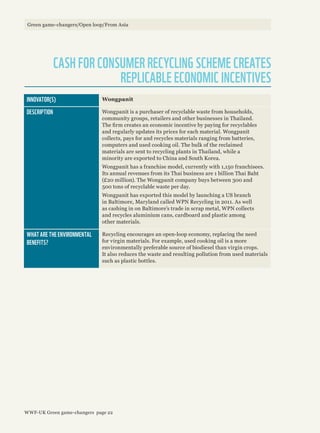 INNOVATOR(S) Wongpanit
DESCRIPTION Wongpanit is a purchaser of recyclable waste from households,
community groups, retailers and other businesses in Thailand.
The firm creates an economic incentive by paying for recyclables
and regularly updates its prices for each material. Wongpanit
collects, pays for and recycles materials ranging from batteries,
computers and used cooking oil. The bulk of the reclaimed
materials are sent to recycling plants in Thailand, while a
minority are exported to China and South Korea.
Wongpanit has a franchise model, currently with 1,150 franchisees.
Its annual revenues from its Thai business are 1 billion Thai Baht
(£20 million). The Wongpanit company buys between 300 and
500 tons of recyclable waste per day.
Wongpanit has exported this model by launching a US branch
in Baltimore, Maryland called WPN Recycling in 2011. As well
as cashing in on Baltimore’s trade in scrap metal, WPN collects
and recycles aluminium cans, cardboard and plastic among
other materials.
WHAT ARE THE ENVIRONMENTAL
BENEFITS?
Recycling encourages an open-loop economy, replacing the need
for virgin materials. For example, used cooking oil is a more
environmentally preferable source of biodiesel than virgin crops.
It also reduces the waste and resulting pollution from used materials
such as plastic bottles.
CASH FOR CONSUMER RECYCLING SCHEME CREATES
REPLICABLE ECONOMIC INCENTIVES
Green game-changers/Open loop/From Asia
WWF-UK Green game-changers page 22
 
