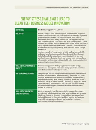 INNOVATOR(S) Suzlon Energy; Shree Cement
DESCRIPTION Suzlon Energy, a wind turbine supplier based in India, originated
as a textile manufacturer. An unreliable and increasingly expensive
power supply in India led the firm’s chairman Tulsi Tanti to
experiment with wind energy production. Having generated his
own firm’s energy use, Tanti found that wind energy proved a viable
business, with better returns than textiles. Suzlon is now the world’s
fifth-largest supplier of wind turbines. The firm’s turbines are used
across India and exported globally, with contracts across Europe
and the US.
Another example of energy stress in India leading to a profitable
and exportable business model is Shree Cement. Shree Cement
in India launched a campaign to reduce its electricity use and
produce it more efficiently. Now it has become a low-cost producer
of electricity in the region, with profitable sales of surplus electricity
augmenting its cement business.
WHAT ARE THE ENVIRONMENTAL
BENEFITS?
Business energy users shifting to greater renewable energy
supplies and moving into renewable energy generation accelerate
decarbonisation across the power sector.
WHY IS THIS GAME CHANGING? The paradigm shift for energy-intensive companies to evolve their
business models towards renewable energy generation is a game
changer. And while the economic incentives for renewable energy
implementation vary from country to country, Shree and Suzlon’s
situations are by no means unique. Continuity of supply is a major
driver for energy investments in the US, while financial subsidy
regimes in Germany provided an incredible accelerator to the
market in Germany.
WHAT ARE THE IMPLICATIONS
FOR OTHER COMPANIES?
Western companies are also increasingly concerned over energy
security and volatile prices, and some have exploited new avenues.
The Ritter Gruppe in Germany expanded into renewables from
its initial business in chocolates, and Ikea is going further than
renewable energy-powered stores and now offers customers
their chance to install solar panels.
ENERGY STRESS CHALLENGES LEAD TO
CLEAN TECH BUSINESS MODEL INNOVATION
Green game-changers/Renewables and low carbon/From Asia
WWF-UK Green game-changers page 25
 