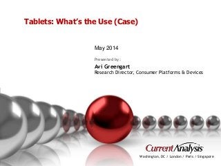 Proprietary and Confidential© Current Analysis Inc. All rights reserved.
1
Washington, DC / London / Paris / Singapore
May 2014
Presented by:
Avi Greengart
Research Director, Consumer Platforms & Devices
Tablets: What’s the Use (Case)
 