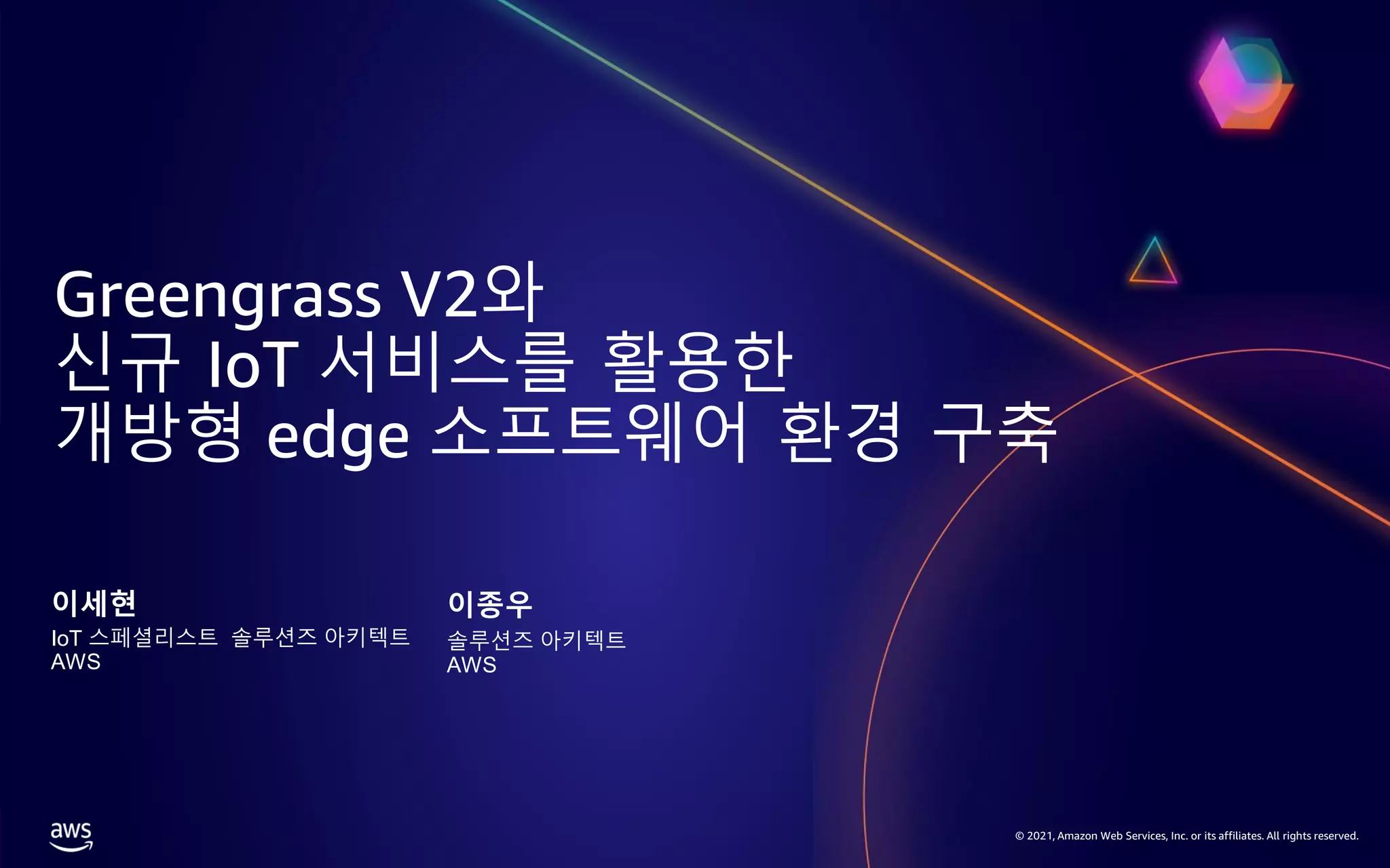 © 2021, Amazon Web Services, Inc. or its affiliates. All rights reserved. Greengrass V2와 신규 IoT 서비스를 활용한 개방형 edge 소프트웨어 환경 구축 이세현 IoT 스페셜리스트 솔루션즈 아키텍트 AWS 이종우 솔루션즈 아키텍트 AWS 