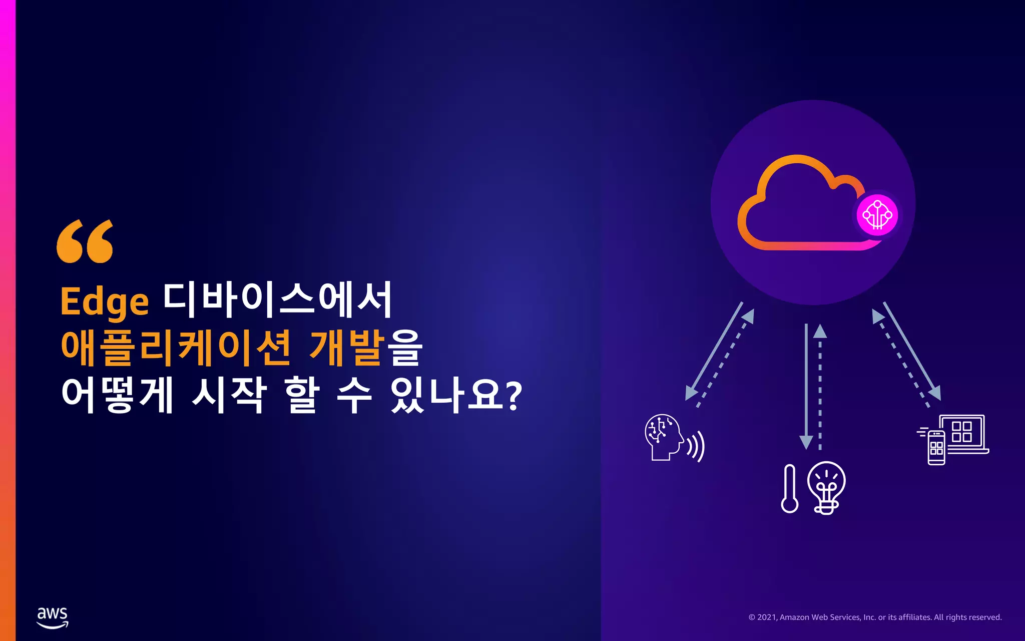 © 2021, Amazon Web Services, Inc. or its affiliates. All rights reserved. Edge 디바이스에서 애플리케이션 개발을 어떻게 시작 할 수 있나요? 