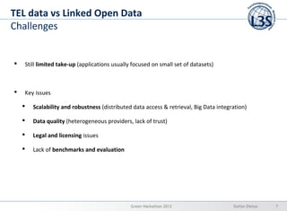 TEL data vs Linked Open Data
Challenges


   Still limited take-up (applications usually focused on small set of datasets...
