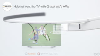 Help reinvent the TV with Gracenote’s APIs 
Stats Messi 
Place Bet 
Replay 
 