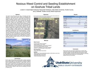 Noxious Weed Control and Seeding Establishment
                                         on Goshute Tribal Lands
                                         Linden K. Greenhalgh Extension Associate Professor, Utah State University, Tooele County
                                                             Jerry Caldwell, Tooele County Weed Supervisor

                            Abstract                                                                       Objectives                                                                             Results
The Tooele County Weed Board has taken an education and assist            •Improve tribal land through noxious weed control and successful seeding establishment
                                                                                                                                                                                                     Before (2010)       After (2011)
approach to noxious weed control. Instead of investigation and            •Train personnel in weed control and seeding establishment
enforcement, weed workers conduct regular education and assistance                                                                                                 No. of (5X5) round bales                       48                 110
programs to help land owners in control efforts. With grants from                                                                                                  ~1300 lbs.
Western Sustainable Agriculture Research and Education and Utah
Department of Agriculture and Food an education and restoration                                                                                                    Tonnage                                        31                    72
project was carried out on the Confederated Tribe of the Goshute
Reservation in Ibapah, Utah. Project objectives were to: 1) Educate                                                                                                Price/ton*                                    $99                $151
personnel in weed control and successful seeding establishment, and
                                                                                                                                                                   Total Value                                $3,069            $10,872
2) Improve tribal land through noxious weed control and desirable
species establishment. Two weed workshops, weed identification and
                                                                                                                                                                   Difference                                                     $7,803
weed control methods and a weed sprayer calibration clinic were
conducted. Eighty acres of irrigated land were selected for restoration                                                                                            Total Project Cost                                           $12,400
based on infestation with problem weeds including “”Carduus nutans””
L, “”Cirsium vulgare””, “”Cirsium arvense”” and “”Cardaria draba””.
Herbicide spray treatments took place in 2009, and 2010 followed by
seeding with “”Festuca ovina”” and “”Dactylis glomerata”” in October                                                                                                                          Contributors
2010. Production of grass hay was 31 and 72 tons before and after
restoration, respectively. With grass hay in Utah valued at $99/ton in                                                                                                     Project Contributors            Labor & Equipment Value
2010 and $151 in 2011, hay produced on project acres before and after
restoration was worth $3,069 and $10,872, respectively, an increase of                                                                                             SARE-FRTEP Grant                                               $2,550
$7,803. Total project cost was $12,400. Project impact was not only a
significant increase in forage production and value but restoration of                                                                                             Tooele County Weed Division                                    $3,630
land previously unusable.
                                                                                                                                                                   Goshute Tribe                                                    $210

                                                                                                                                                                   BLM                                                            $2070
                                                                                                             Methods
                                                                           Weed Control                                                                            UDAF                                                             $440

                                                                           •Summer 2009 Chaparral Treatment                                                        Producer                                                       $3,500
                                                                           •Mowed between 1st & 2nd Spray
                                                                           •Summer 2010 Milestone, 2-4D & Escort Treatment                                         Total                                                        $12,400
                                                                           •Fall Cut 48 5X5 Round Bales in 20 acres
                                                                           •Summer 2011 Milestone, 2-4D & Escort Treatment
                                                                           •Fall Cut 110 5X5 Round Bales in same 20 acres
                                                                                                                                                                                               Conclusion
                                                                           Soil Preparation
                                                                           Phase 2 was mowed & triple disced                                                       Noxious weed control and seeding establishment on Goshute Tribal
                                                                                                                                                                   Lands was a huge success when considering weed control and forage
                                                                           Seeding                                                                                 production increases. The initial SARE grant of $2,550 drew in nearly
                                                                           Seed mix was 17 lbs of orchard fescue grass mix with oats as a cover crop               $10,000 of additional contributions from partnering agencies. A previously
                                                                           Dactylis glomerata (Orchard grass)                                                      weed infested field was brought back in to production with
                                                                           Avena sativa (Oats) as cover crop                                                       significant returns for the producer.
                                                                           Festuca arundinacea (Tall fescue)


                         Introduction
Noxious weed control presents a constant battle on western rangelands
and in irrigated cropland. A $2,550.00 Western Sustainable Agriculture
Research & Education grant was applied for and received in 2008 for
work on federally recognized tribal land in Tooele County, Utah. Two
tribes reside in Tooele County, the Confederated Tribes of the Goshute
Reservation in Ibapah on the Utah-Nevada line and the Skull Valley Band
of the Goshutes 50 miles west of Salt Lake City. A project proposal was
made to the tribe in Ibapah for weed control and reseeding on 80 acres
of irrigated ground.
 