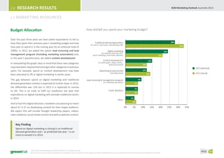 2.0	Research Results                                                                                                                                                                                                                  B2B Marketing Outlook Australia 2013


2.2	 Marketing                   Resources


Budget Allocation                                                                                      How did/will you spend your marketing budget?


Over the past three years we have asked respondents to tell us
how they spent their previous year’s marketing budget and how                                                       Traditional demand generation                                                                                 28%
                                                                                                             (inc events, trade shows, telemarketing, DM)
they plan to spend it in the coming year (to an enforced total of                                                                                                                                                                           33%

100%). In 2012, we added the option lead nurturing and lead                                                                            Digital marketing                                                                  24%
                                                                                                                            (inc website, online ads, SEO,
management program (including marketing automation) and,                                                         search marketing, social media, webinars)                                                          21%
in this year’s questionnaire, we added content development.
                                                                                                                                Content development                                                 15%
In interpreting this graph, bear in mind that these new categories                                                       (inc white papers, videos, articles,
                                                                                                                                       web/social content)                                  12%
may have been represented amongst other categories in previous                                                                                                                                                                                            2013 (planned)
years. For example, spend on content development may have                                                                  Advertising & sponsorship                                        12%

been allocated to PR or digital marketing in earlier years.
                                                                                                                                           (excluding online)                                     14%                                                     2012 (actual)

The gap between spend on digital marketing and traditional                                              Lead nurturing & management program                                          9%
                                                                                                                                (inc marketing automation)
demand generation activity is expected to further close. In 2012,                                                                                                               7%
the differential was 12% but in 2013 it is expected to narrow
                                                                                                                                                                                7%
to 4%. This is on track to fulfil our prediction last year that                                                                          Public Relations
                                                                                                                                                                                7%
expenditure on digital marketing will overtake traditional tactics
in 2014.                                                                                                                                                                   5%
                                                                                                                                                      Other
                                                                                                                                                                             6%
And to fuel this digital direction, marketers are planning to invest
about $1 in $7 on developing content for their target audience.                                                                                                 0%           5%           10%           15%         20%         25%      30%      35%
We expect this will include thought leadership papers, videos,
sales collateral, social media content and well as website content.


    Key Finding
    Spend on digital marketing is closing in on traditional
    demand generation and – as predicted last year – is on
    track to exceed it in 2014.




                    ©2013 Green Hat Marketing Pty Ltd ABN 30 099 016 752. All rights reserved.
                    No part of this document may be reproduced or transmitted in any form without the prior approval of Green Hat Marketing Pty Ltd. Any quotation from this document must be attributed to the author.
                                                                                                                                                                                                                                                                PAGE 13
 